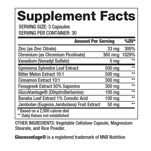 Supplement label showing ingredients and serving size of a product with Zinc, Chromium, Vanadium and various plant extracts.