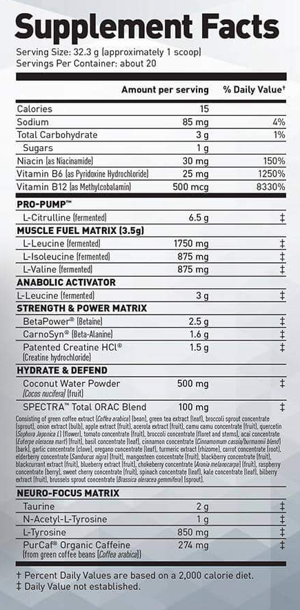 Supplement facts for a 32.3g serving size include 15 calories, sodium, carbohydrates, sugars, vitamins B6, B12 and niacin. Contains a blend of amino acids, patented creatine, coconut water powder, organic caffeine from green coffee beans. It also includes the SPECTRA Total ORAC Blend with various plant extracts, and a Neuro-Focus Matrix. 