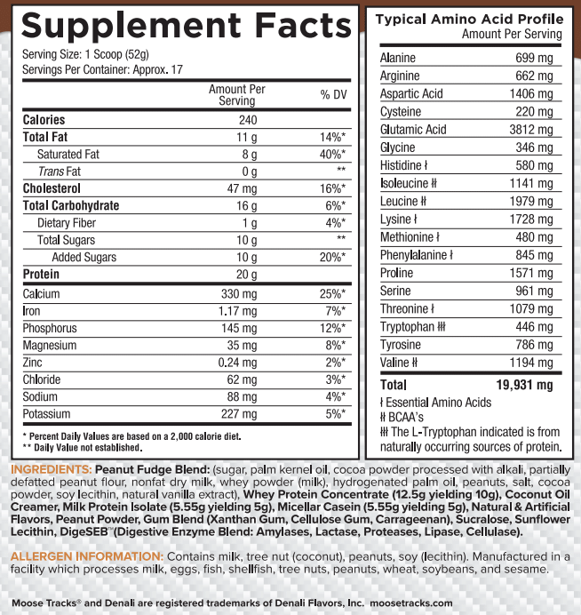 Supplement facts label detailing amino acid profile, nutrients, ingredients, and allergen information for a Peanut Fudge Blend serving from Moose Tracks.