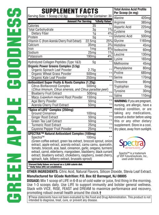 A supplement facts label for GCode Nutrition's Green Apple Goodness which includes a variety of vitamins, minerals, and organic ingredients.