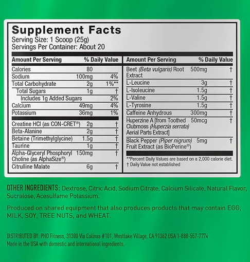Supplement nutrition facts showcasing serving size, daily value percentages, ingredient list and potential allergens. Products made in the USA.