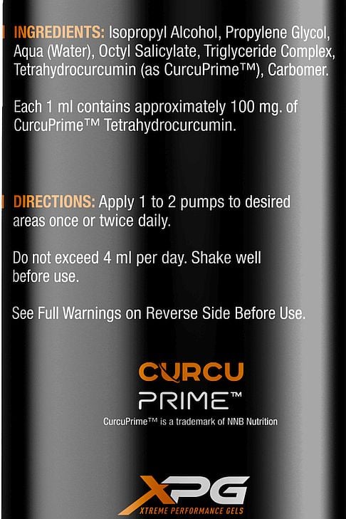 Ingredients and directions for a skincare product containing CurcuPrime Tetrahydrocurcumin, do not exceed 4 ml per day.