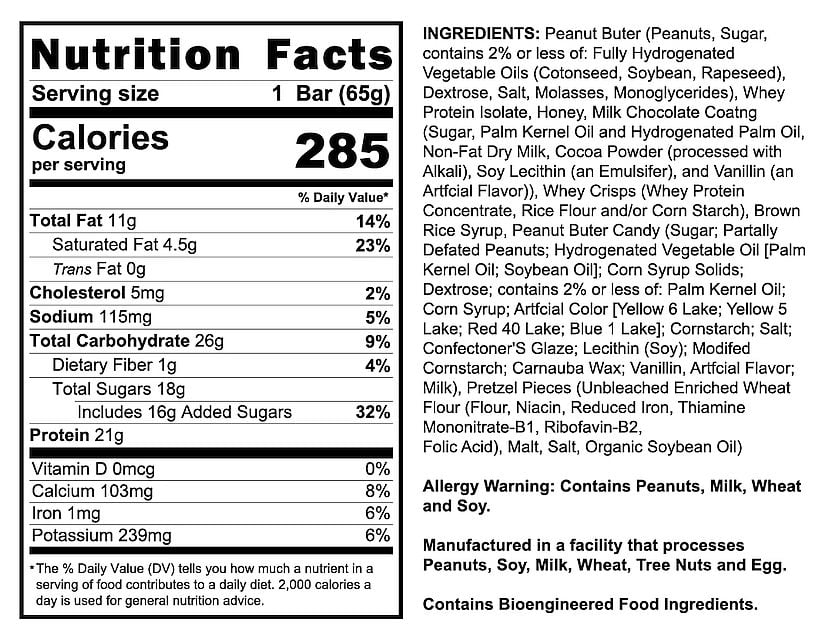 Nutrition facts and ingredients list for a 65g protein bar with peanut butter, honey, milk chocolate coating and pretzel pieces. Contains peanuts, milk, wheat and soy.