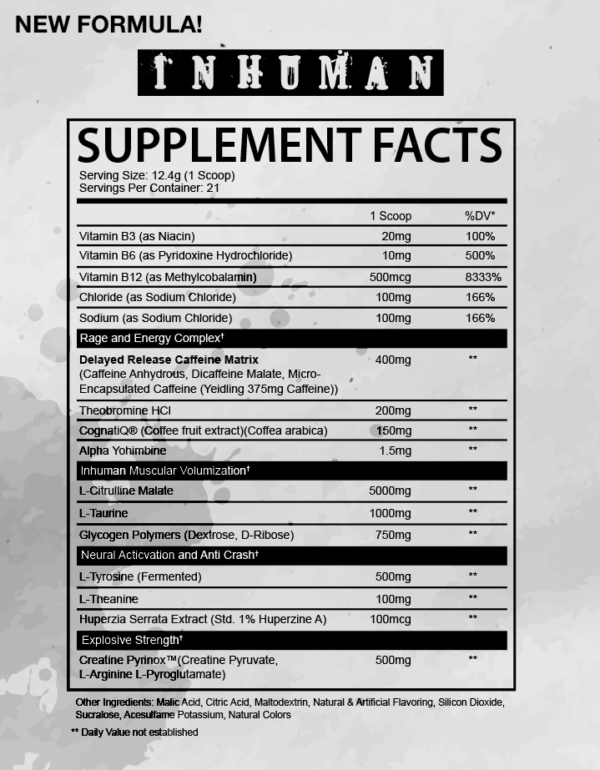 Supplement facts for Inhuman Supplement including a variety of vitamins, Caffeine Matrix, and other nutrition aids like L-Citrulline Malate and Creatine Pyrinox.