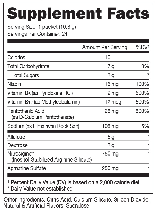 Supplement facts panel showing serving size, ingredients, and daily values for a dietary supplement containing vitamins, salts, and sugars.