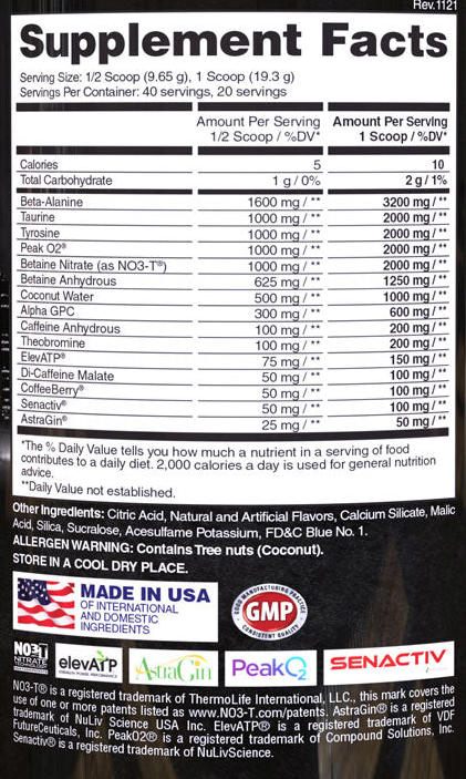 Supplement facts label displaying serving size, ingredients, allergen warning, and registered trademarks of NuLiv Science USA Inc, VDF FutureCeuticals, Inc., etc.