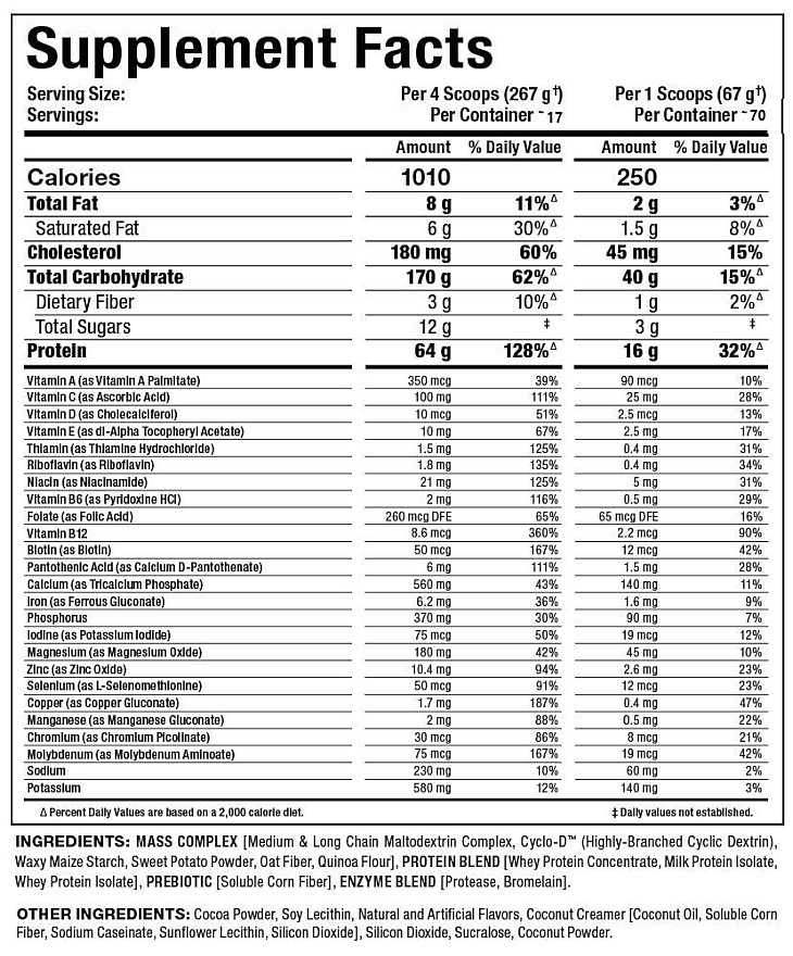 Nutritional information for a supplement detailing serving size, calories, total fat, and vitamins' daily values along with a list of ingredients.