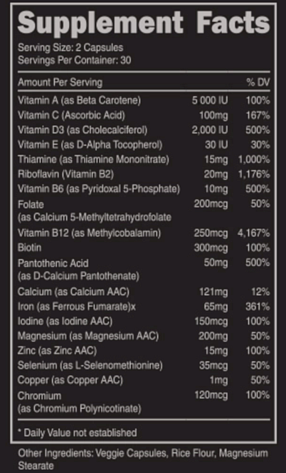 A label showing supplement facts, including ingredients and % daily value for vitamins and minerals, in a 30-day capsule serving.