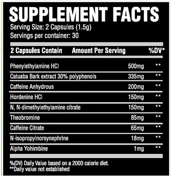 Supplement facts label showing serving size, ingredients and daily value for a blend of ingredients including Phenylethylamine, Catuaba Bark, and Caffeine.