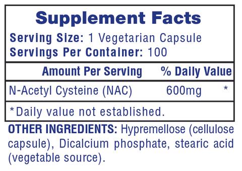 Supplement facts label for a bottle of 100 N-Acetyl Cysteine (NAC) capsules, with additional ingredients listed.