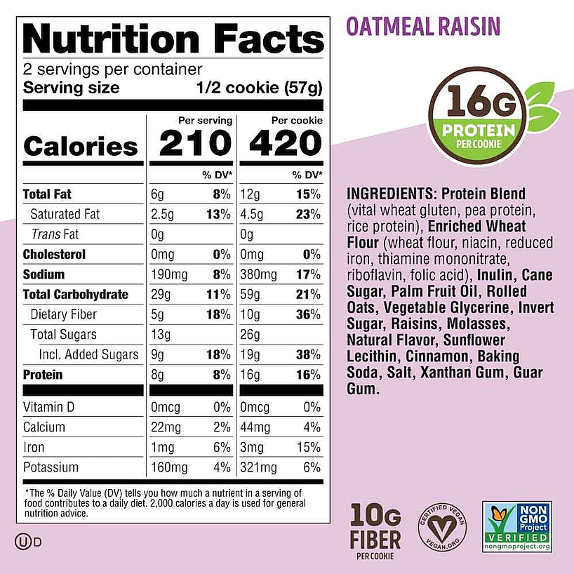Nutrition facts for vegan, non-GMO oatmeal raisin cookie with 16g protein. Contains 210 calories, 6g fat, 29g carbs and 13g sugar per serving.