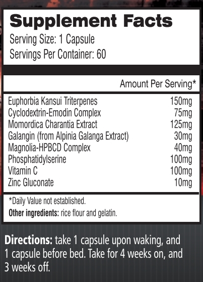 Supplement facts label showing ingredients, serving size, directions, daily values, and special ingredients like Euphorbia Kansui and Galangin.