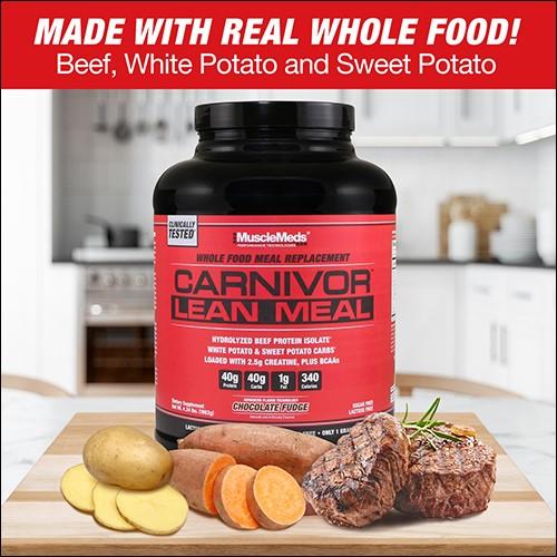 Meal replacement powder by MuscleMeds, made with real whole food like beef and potatoes, also contains creatine and BCAA. In Chocolate Fudge flavor.