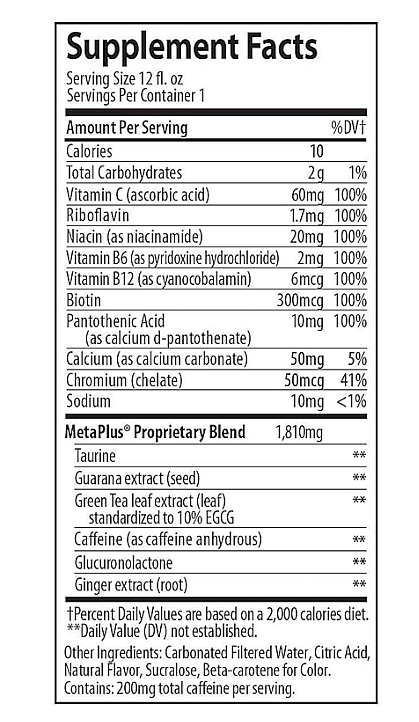 Supplement facts display for a 12fl oz drink with details like calories, nutritional components, daily value percentages, proprietary blend, and other ingredients.