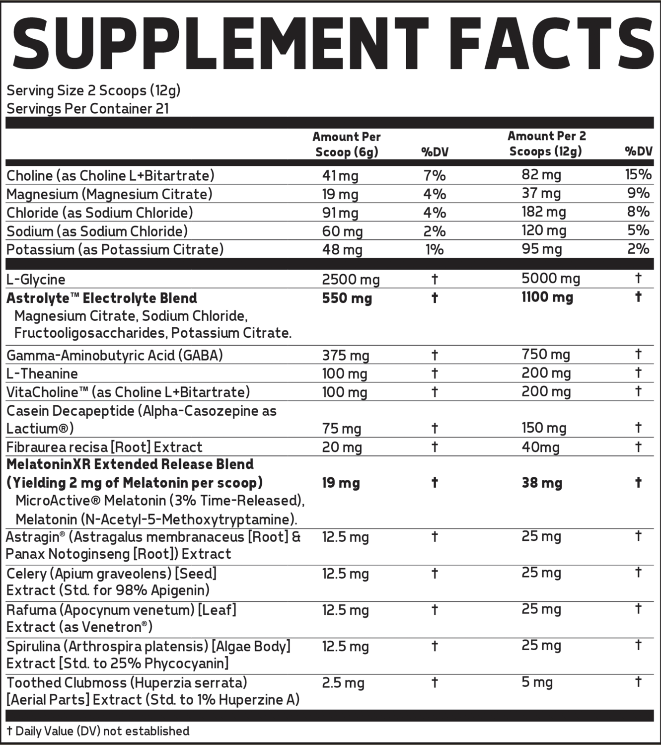 Supplement facts listing ingredients such as Choline, Magnesium, Sodium, Potassium, L-Glycine among others, indicating servings per container and their daily values.