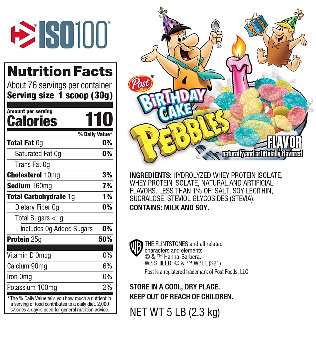 Nutrition label for ISO100's Birthday Cake Pebbles flavor supplement showing 25g protein per serving, 110 calories, and low sugar.