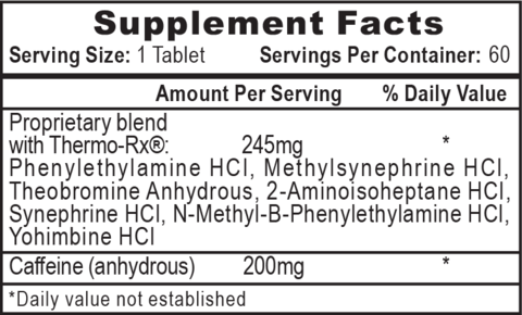 Nutrition label for a supplement showing proprietary blend, caffeine content, serving size, and 60 servings per container.