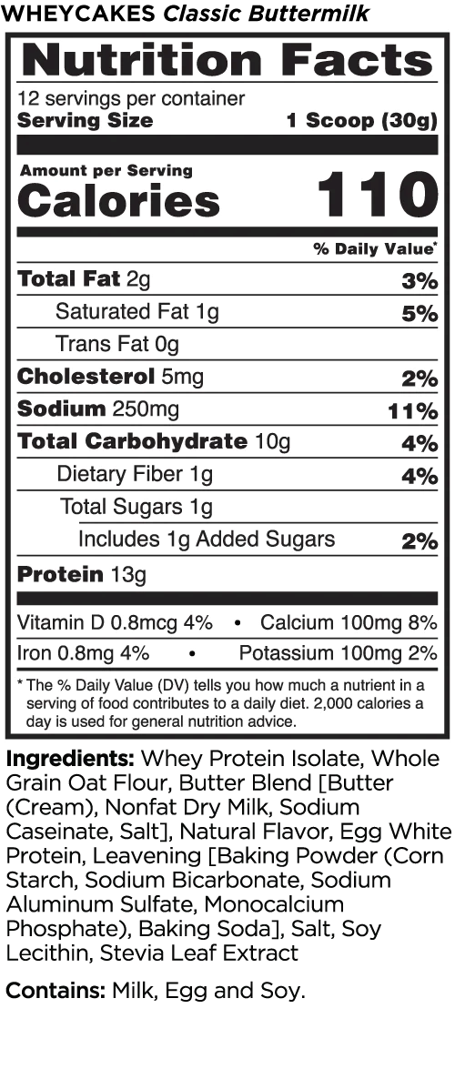 Nutrition facts for WHEYCAKES Classic Buttermilk. Contains 110 calories per 30g serving with 13g protein, 10g carbohydrates, and 2g fat.