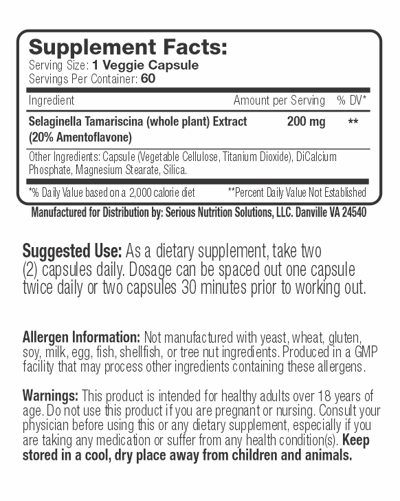 Supplement facts for a veggie capsule with Selaginella Tamariscina extract. Details ingredients, use instructions, allergen info, and warnings.