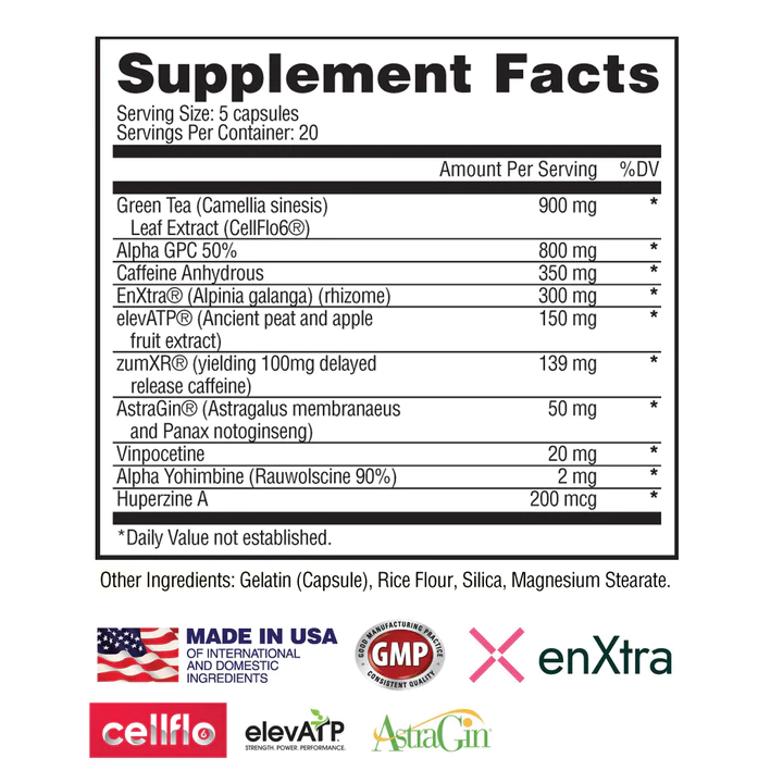 Supplement serving details showing ingredients with their quantities, including green tea extract, Alpha GPC, caffeine, and more, all in a gelatin capsule.