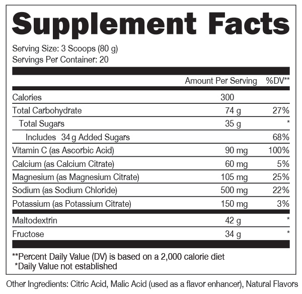 Nutritional label for a supplement with serving size, calories, nutrients, daily values, and other ingredients details.