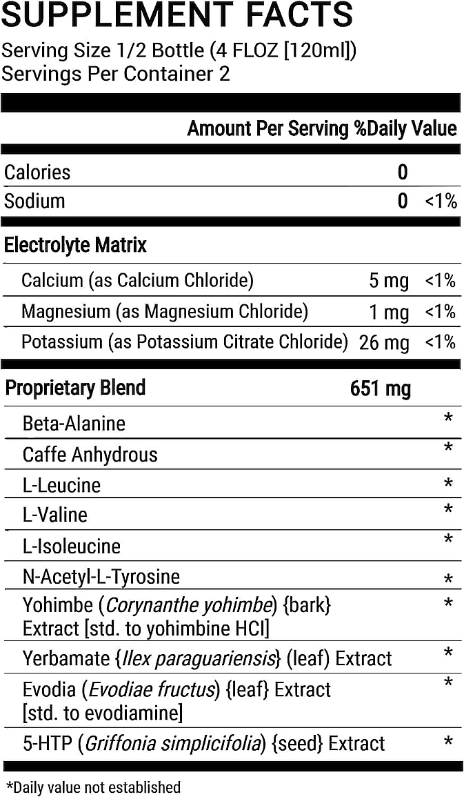 Supplement facts including serving size, calories, sodium, electrolyte matrix, and proprietary blend with caffeine, amino acids, Yohimbe, Yerbamate, Evodia and 5-HTP.