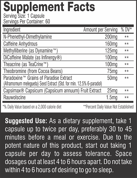Supplement facts for a 60-capsule bottle with various ingredients, suggesting 1-2 capsules daily before a meal or exercise; warns of potent nature.