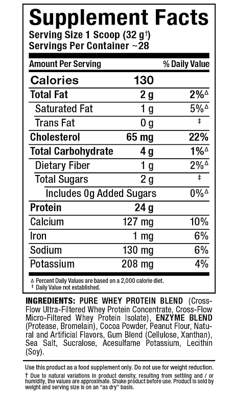 Supplement facts for a whey protein blend, showing serving size, calories, nutrients, % daily values, and list of ingredients.