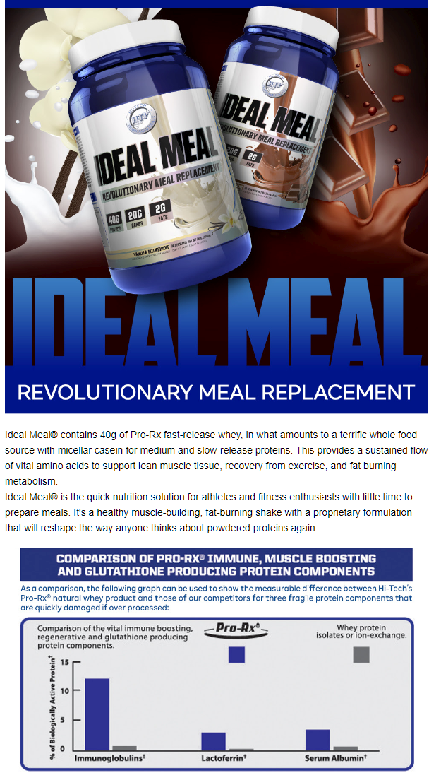 Ideal Meal® is a meal replacement shake with 40g of Pro-Rx fast-release whey, supporting lean muscle tissue, recovery, and fat burning metabolism.