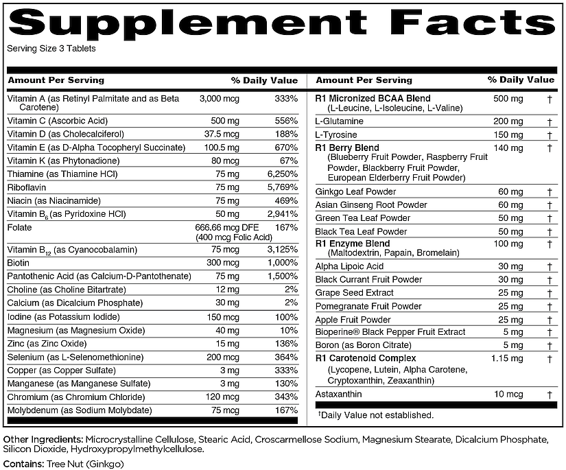 Supplement facts for tablets listing amounts of various vitamins, minerals, and extracts including Vitamin A, B, C, and D, Calcium, Magnesium, Zinc, BCAA blend, Ginkgo, Asian Ginseng, and more.