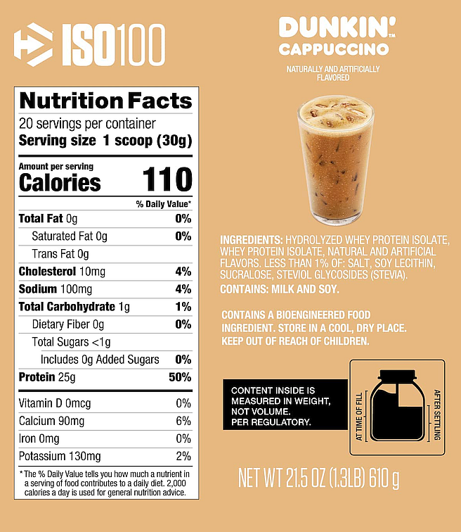 ISO100 Nutrition Facts, 20 servings, 0g fat, 10mg cholesterol, 25g protein, 110 calories, 1g carbs. Dunkin Cappuccino flavor, contains milk & soy.