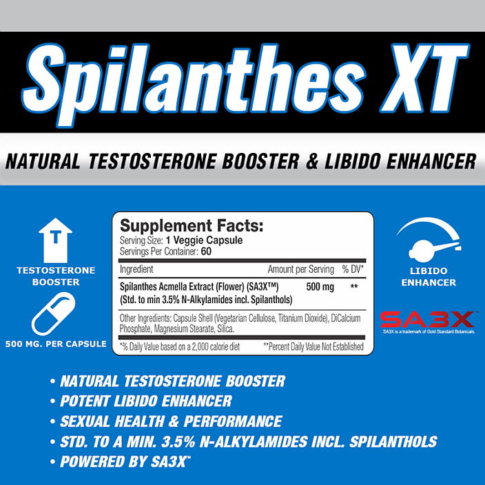 Spilanthes XT supplement facts label showing ingredients and claims of testosterone boosting, libido enhancing, and sexual health performance.
