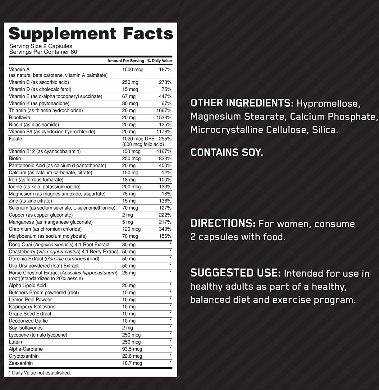 Supplement facts for a 60-capsule container. Daily vitamins and minerals listed with percentages, advice for consumption, and additional ingredients.