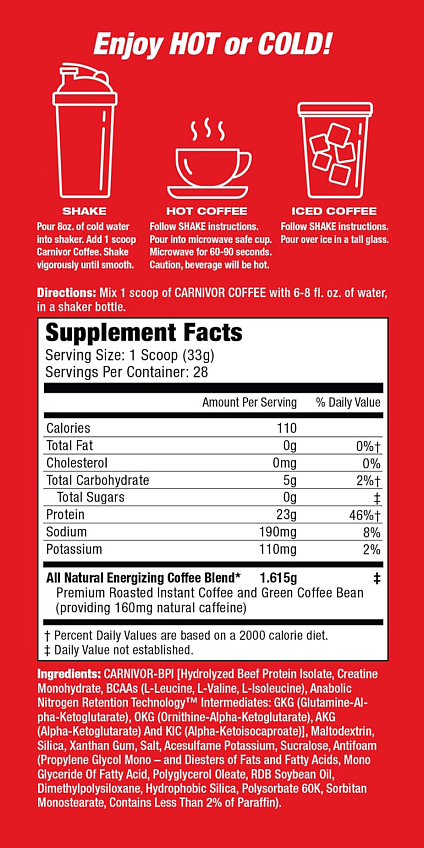 Instructions and nutritional facts for Carnivor Coffee, a supplement mixed with water and served hot, cold, or over ice. Contains 160mg of natural caffeine.