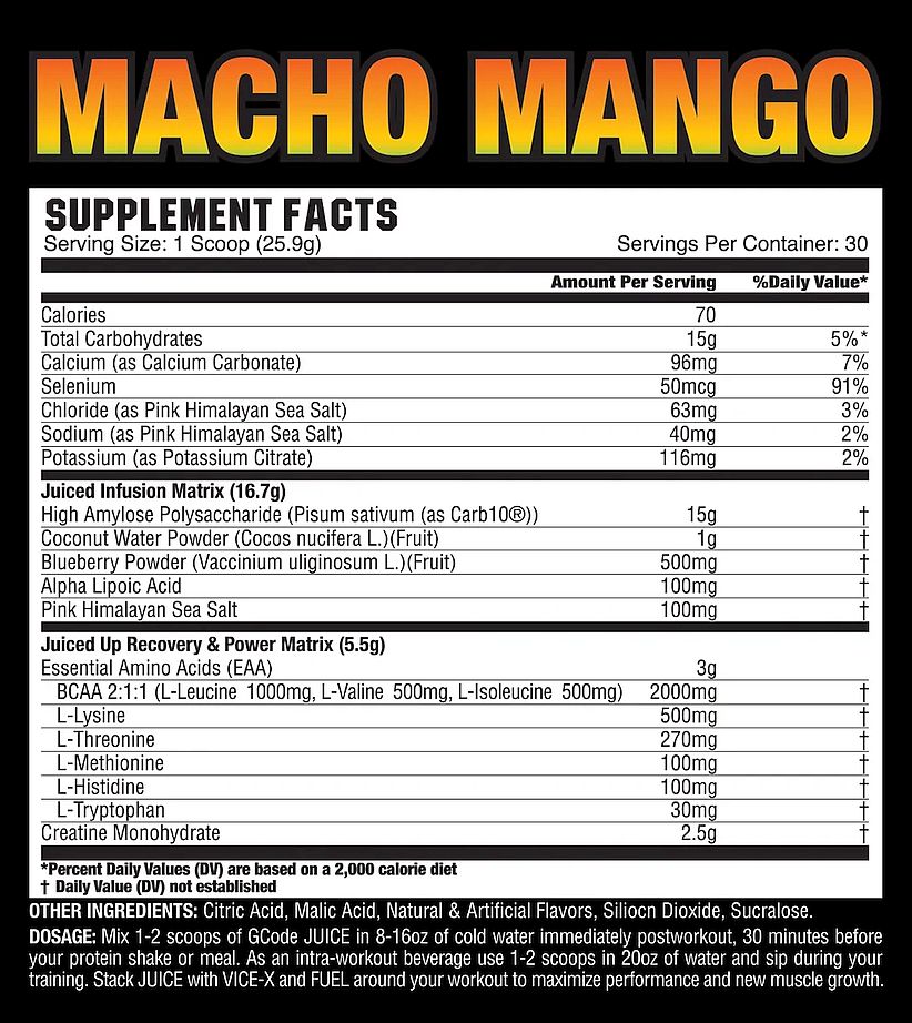 Macho Mango supplement facts including serving size, calories, vitamins, minerals, and dosing instructions. Notable ingredients are calcium, sodium, potassium, and various amino acids.