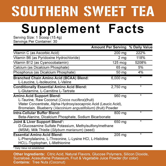 Southern Sweet Tea supplement facts showing amounts of various vitamins, amino acids, and other ingredients per 15.4g serving. Contains tree nuts.