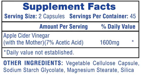 Supplement facts for apple cider vinegar capsules showing serving size, daily value, and other ingredients.