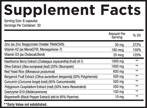 Supplement facts for a 30-serving bottle containing zinc, Vitamin K2, Vitamin D3, Hawthorne Berry Extract, Olive Extract, Red Yeast Rice, and more.
