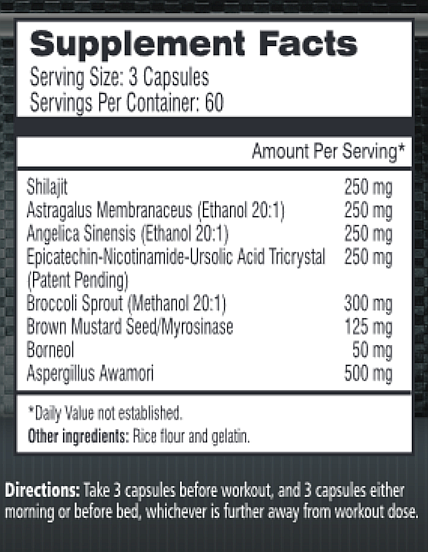 Supplement facts label showing dosage, ingredients and directions for a 60 serving capsule supplement with Shilajit, Astragalus, and more.