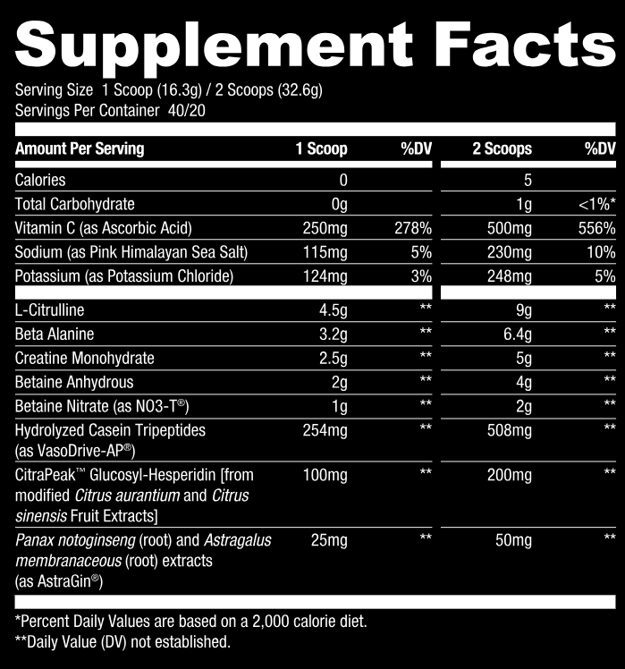 Supplement chart showing serving size, nutritional values, percentage of daily value for ingredients like Vitamin C, Sodium, Potassium, L-Citrulline, Beta Alanine and more.