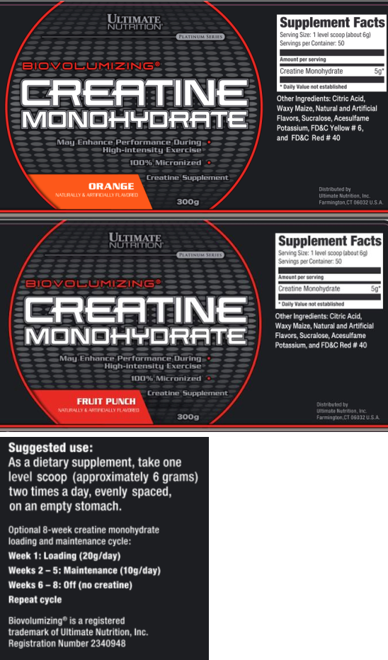 Ultimate Nutrition's Biovolumizing Creatine Monohydrate, a 100% micronized, orange and fruit punch flavored performance enhancer. Contains 50 servings per 300g.