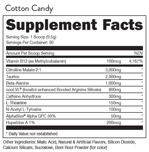 Supplement facts for Cotton Candy with key ingredients such as Vitamin B12, Citrulline Malate, Taurine, Caffeine. 30 servings per container.