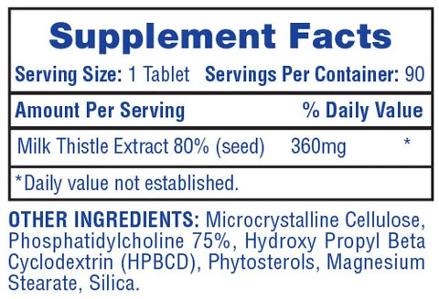 Supplement facts label showing Milk Thistle Extract as primary ingredient and servings per container as 90.