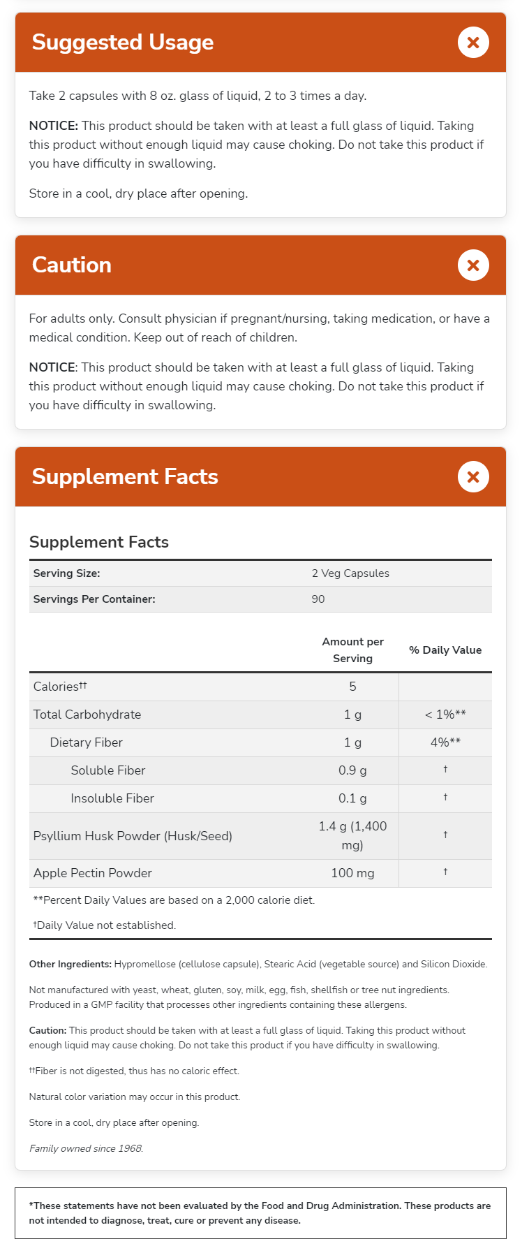 Supplement instructions and facts: Take 2 capsules 2-3 times a day. Requires liquid to avoid choking. Not for those with swallowing difficulty.