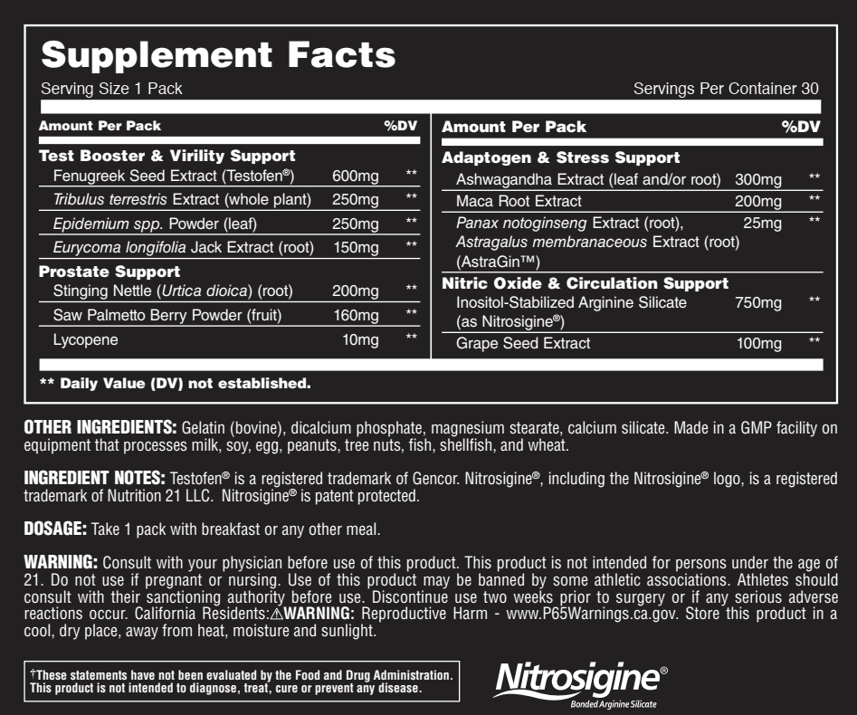 Supplement facts label detailing various natural extracts for test booster, prostate support, stress support, and circulation support. Includes product warnings.