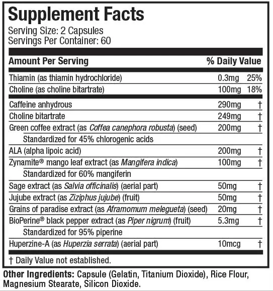 Supplement facts label for a 60 servings capsule product, including elements like Thiamin, Choline and Caffeine, and other natural extracts.