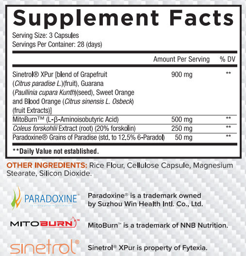 Supplement facts for a 28-day supply of capsules containing blends of grapefruit, guarana, and orange extracts, and other ingredients.