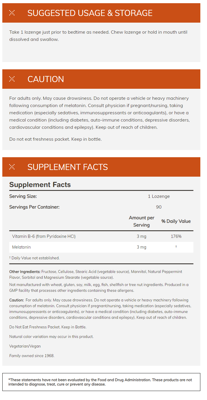Instructions and warnings for taking a melatonin supplement. Ingredients listed, with a note that the product is vegetarian/vegan.