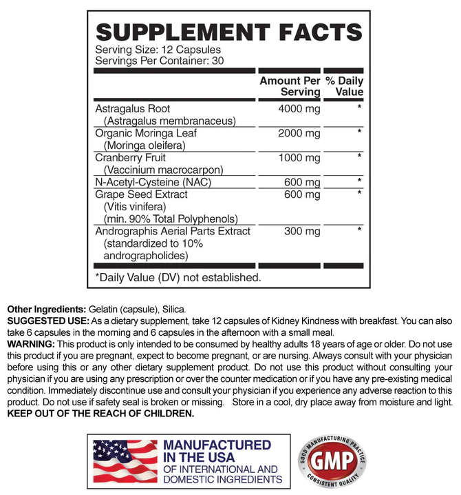 Supplement facts for Kidney Kindness - A dietary supplement with ingredients like Astragalus Root, Organic Moringa Leaf, and Cranberry Fruit.
