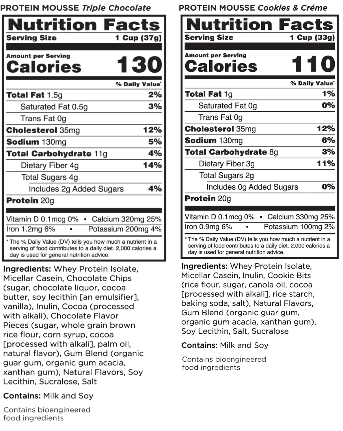 Nutrition facts for Protein Mousse in 'Triple Chocolate' and 'Cookies & Crème' flavors. Each 1 cup serving has 20g protein and other nutrients.